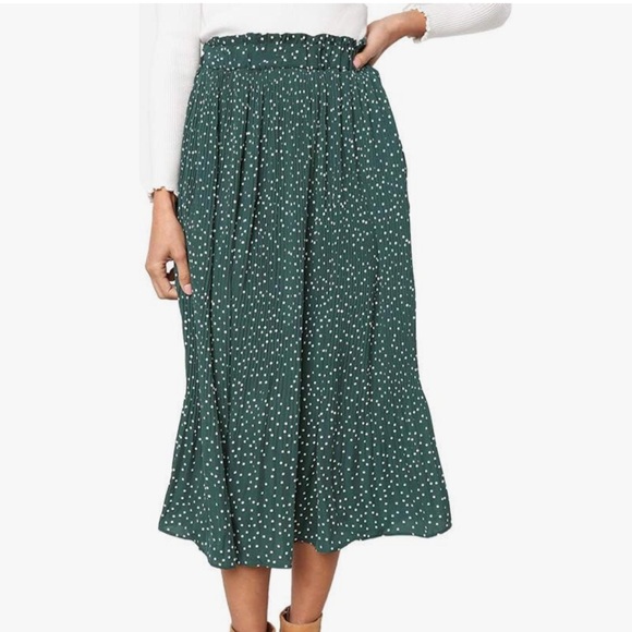 Exlura Women’s High Waist Green White Polka Dot Pleated Midi Swing Skirt Size XL - Picture 1 of 14